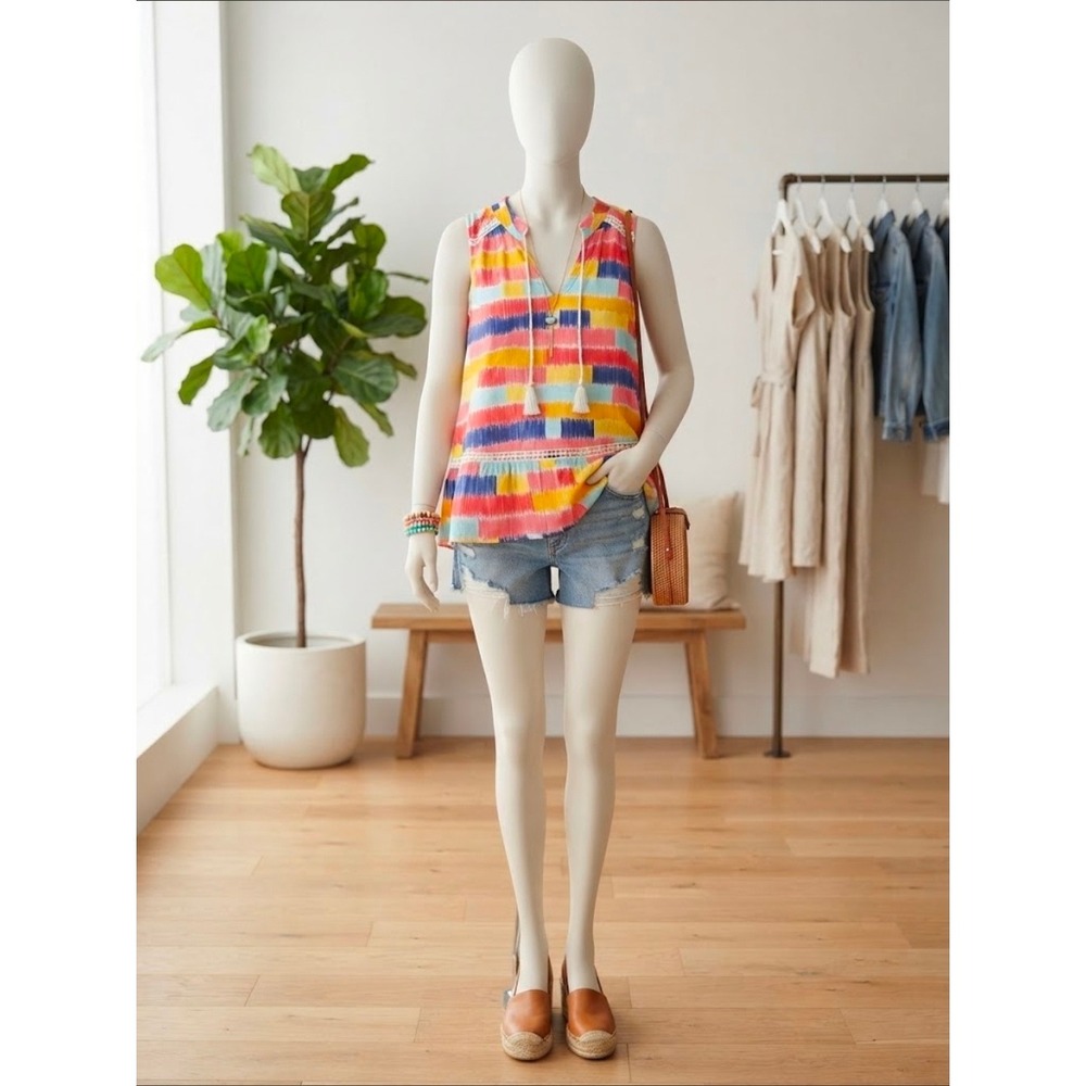 Crown & Ivy Womens Medium Multi Color Ikat Stripe Tassel Peplum Sleeveless Top